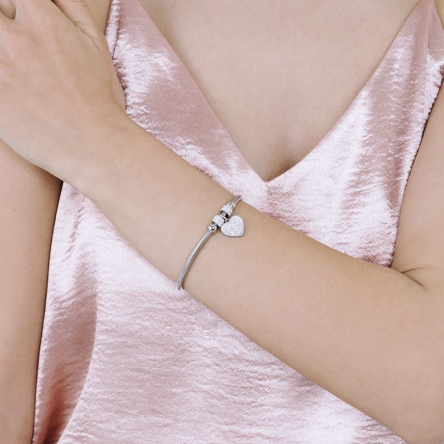 Bracciale Luca Barra Pretty Moment Acciaio Coda Di Topo Rondelle Cristalli Charm Cuore