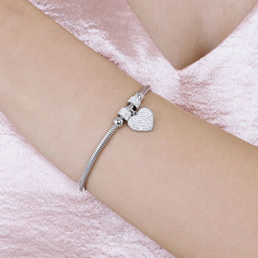 Bracciale Luca Barra Pretty Moment Acciaio Coda Di Topo Rondelle Cristalli Charm Cuore