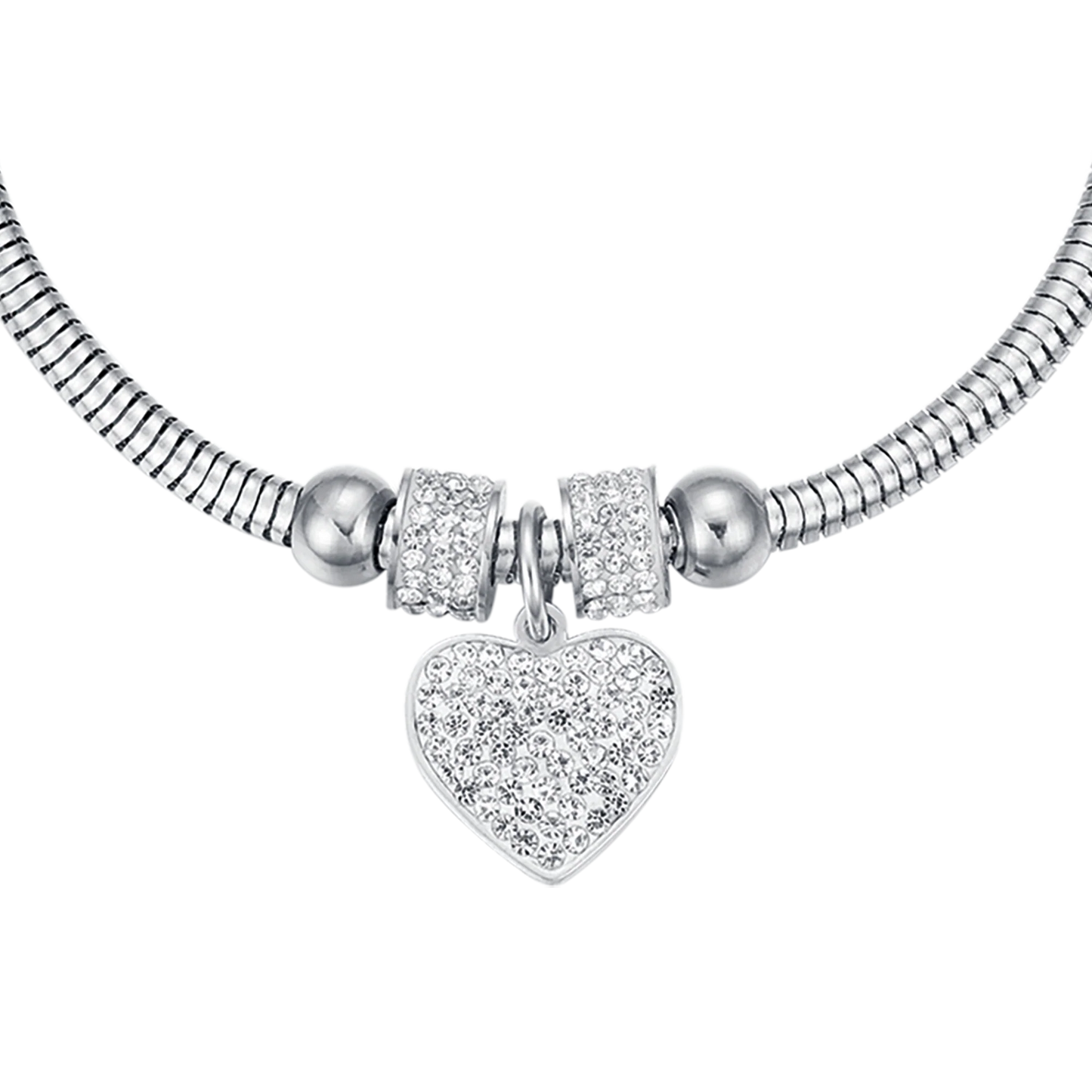 Bracciale Luca Barra Pretty Moment Acciaio Coda Di Topo Rondelle Cristalli Charm Cuore