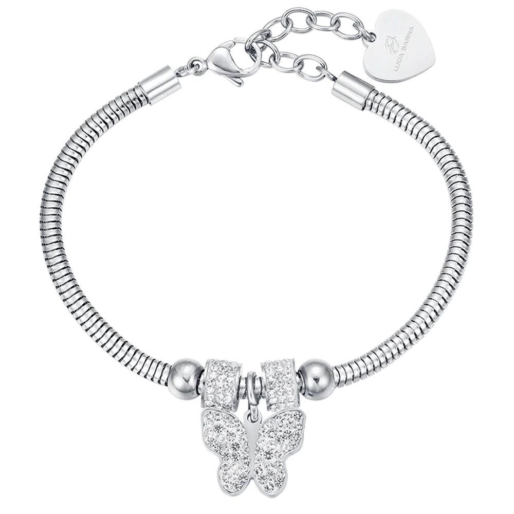 Bracciale Luca Barra Pretty Moment Acciaio Coda Di Topo Rondelle Cristalli Charm Farfalla