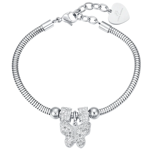Bracciale Luca Barra Pretty Moment Acciaio Coda Di Topo Rondelle Cristalli Charm Farfalla