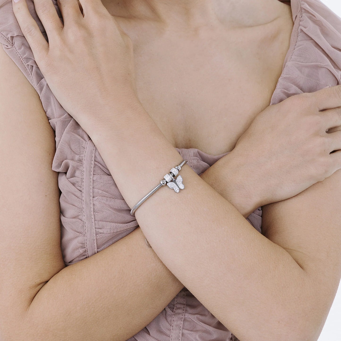 Bracciale Luca Barra Pretty Moment Acciaio Coda Di Topo Rondelle Cristalli Charm Farfalla
