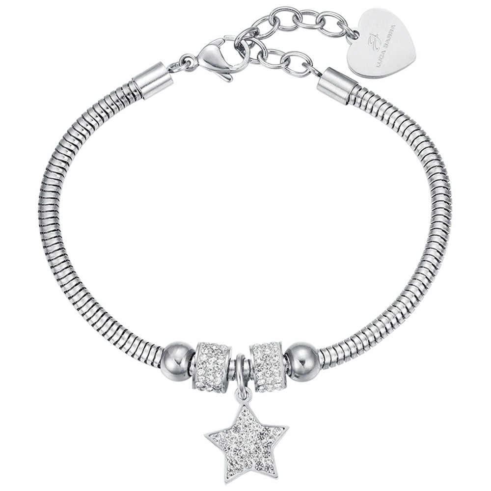 Bracciale Luca Barra Pretty Moment Acciaio Coda Di Topo Rondelle Cristalli Charm Stella