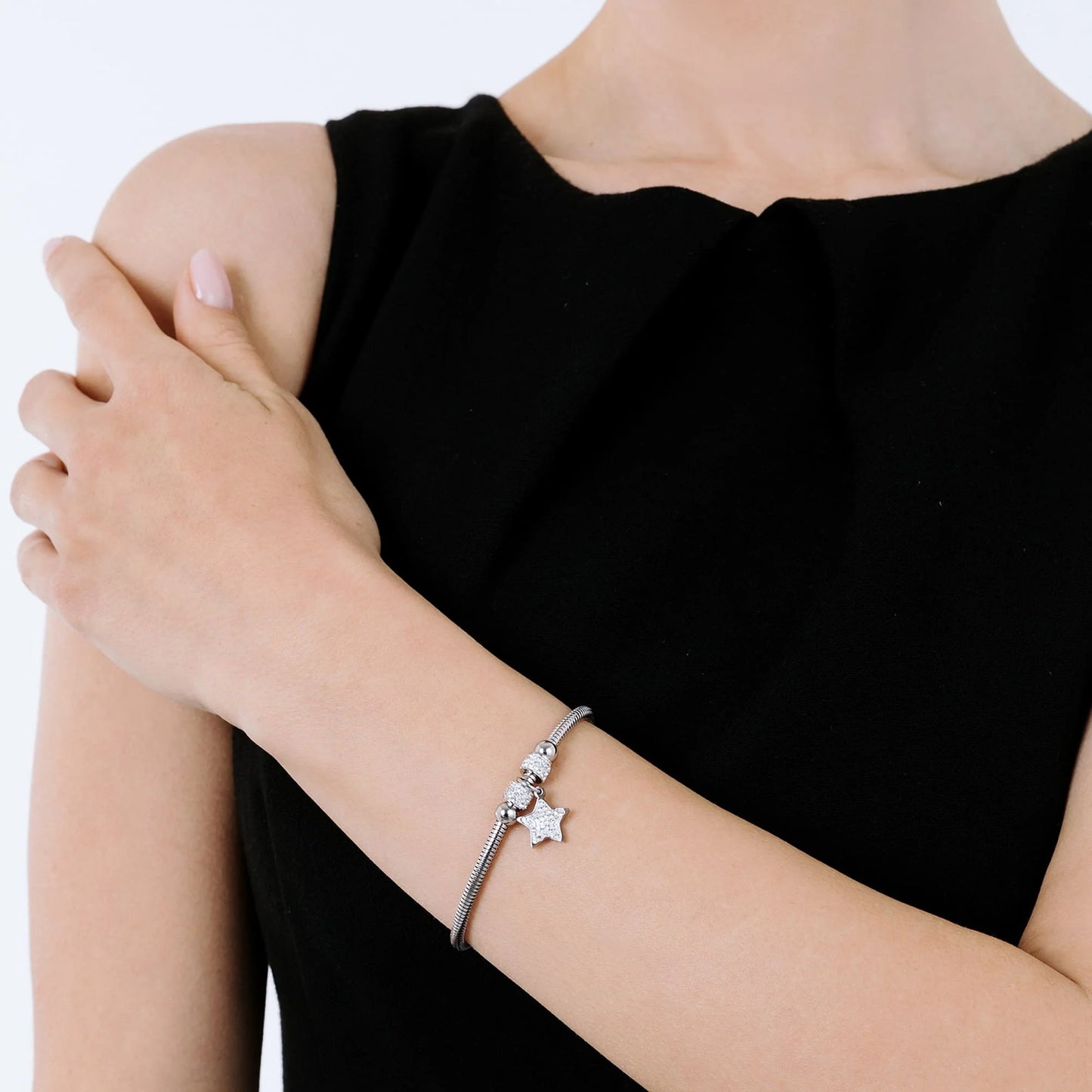 Bracciale Luca Barra Pretty Moment Acciaio Coda Di Topo Rondelle Cristalli Charm Stella