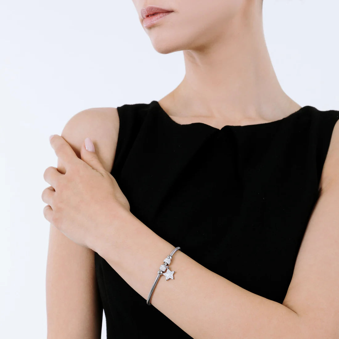 Bracciale Luca Barra Pretty Moment Acciaio Coda Di Topo Rondelle Cristalli Charm Stella