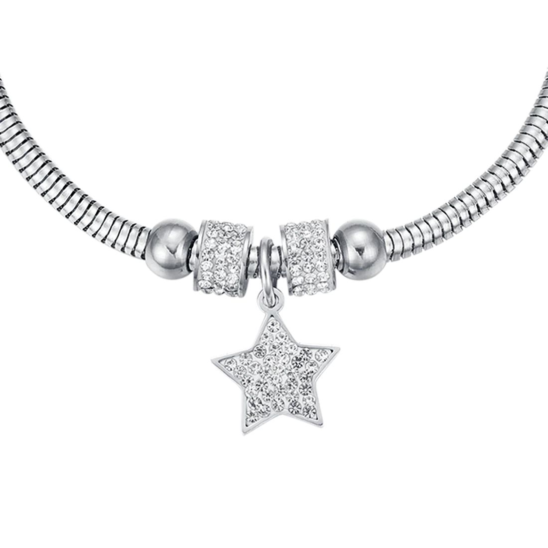 Bracciale Luca Barra Pretty Moment Acciaio Coda Di Topo Rondelle Cristalli Charm Stella