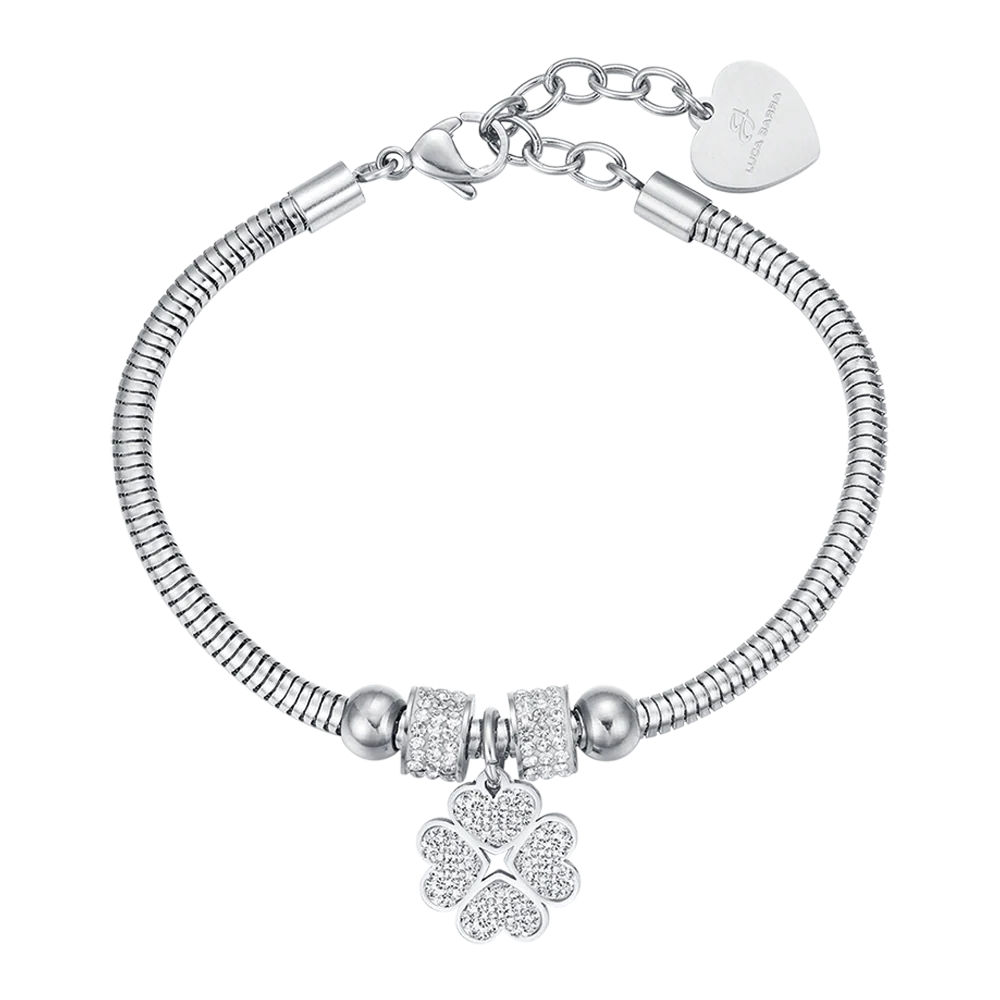 Bracciale Luca Barra Pretty Moment Acciaio Coda Di Topo Rondelle Cristalli Charm Quadrifoglio