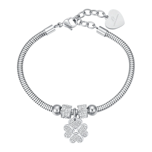 Bracciale Luca Barra Pretty Moment Acciaio Coda Di Topo Rondelle Cristalli Charm Quadrifoglio