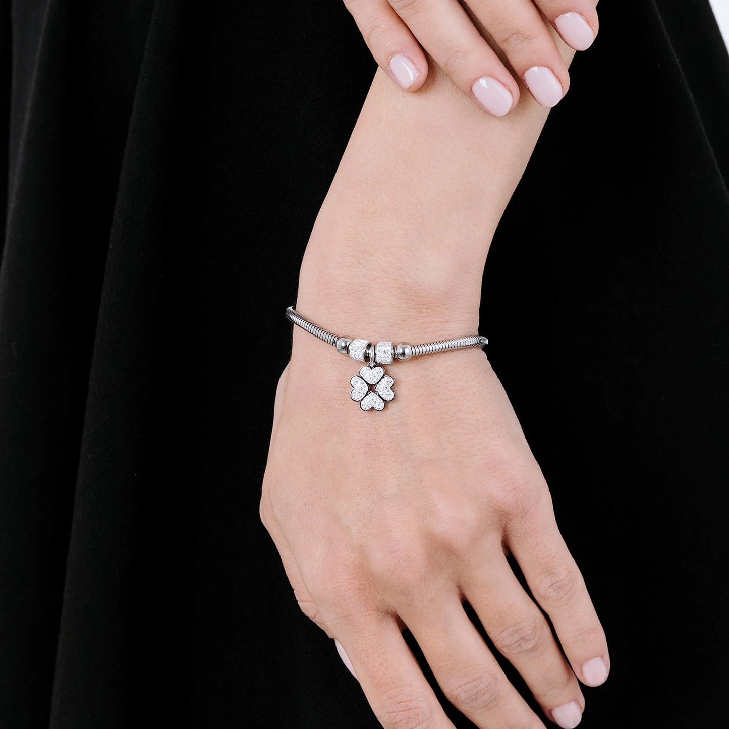 Bracciale Luca Barra Pretty Moment Acciaio Coda Di Topo Rondelle Cristalli Charm Quadrifoglio