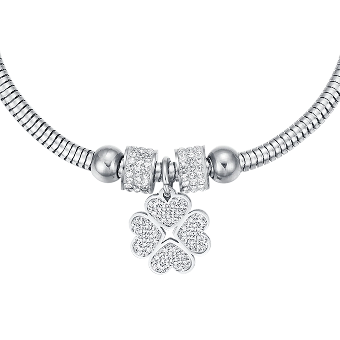 Bracciale Luca Barra Pretty Moment Acciaio Coda Di Topo Rondelle Cristalli Charm Quadrifoglio