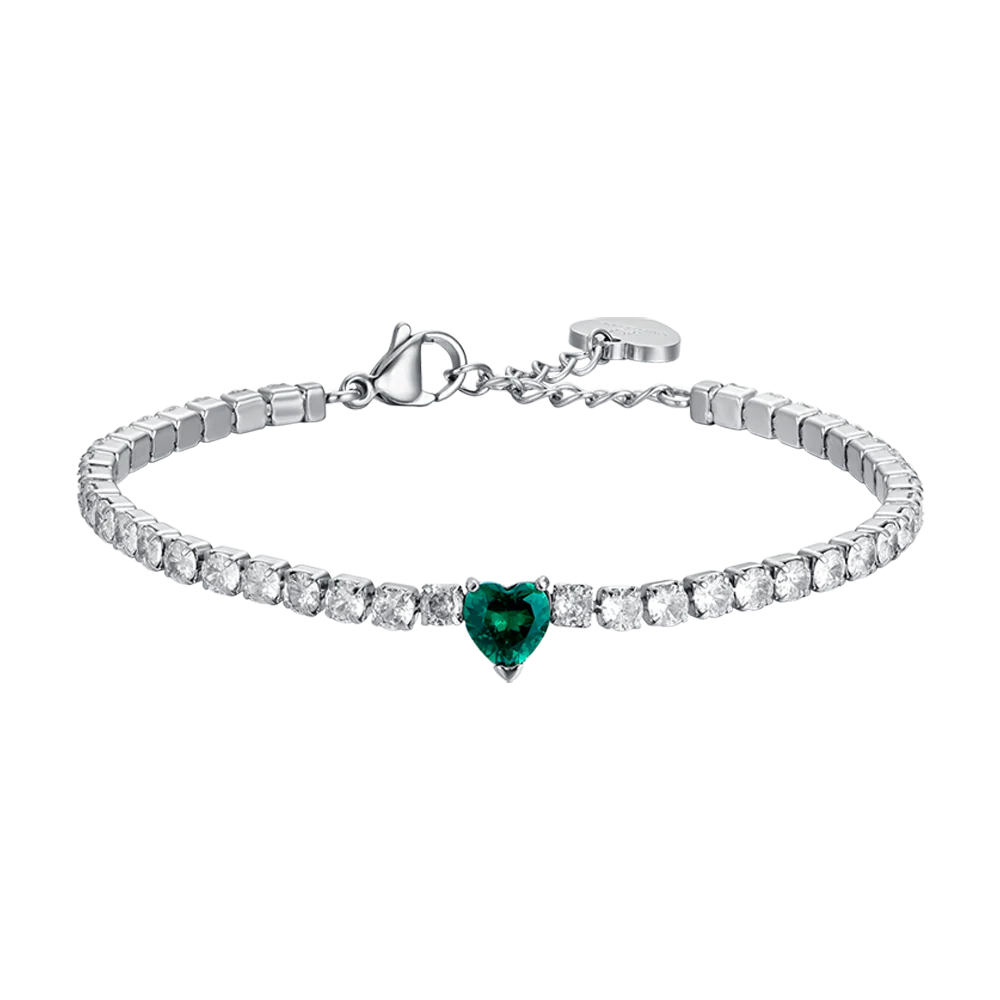 Bracciale Tennis Luca Barra Acciaio Cristalli Cuore Centrale Verde