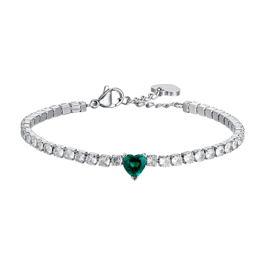 Bracciale Tennis Luca Barra Acciaio Cristalli Cuore Centrale Verde