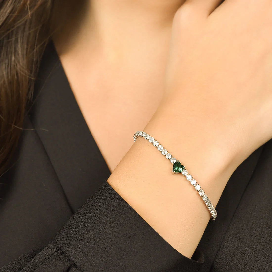 Bracciale Tennis Luca Barra Acciaio Cristalli Cuore Centrale Verde