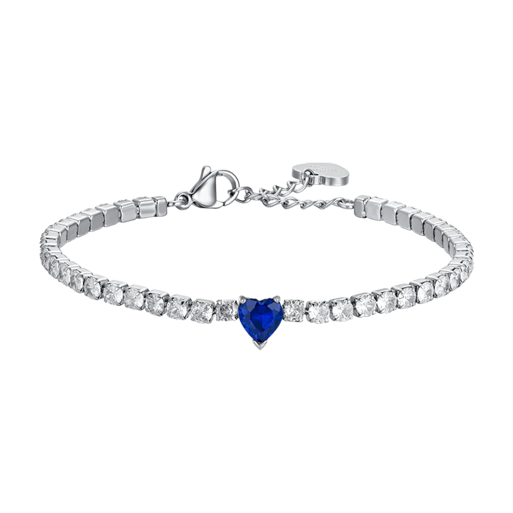 Bracciale Tennis Luca Barra Acciaio Cristalli Cuore Centrale Blu