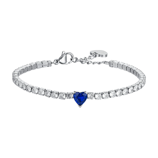 Bracciale Tennis Luca Barra Acciaio Cristalli Cuore Centrale Blu