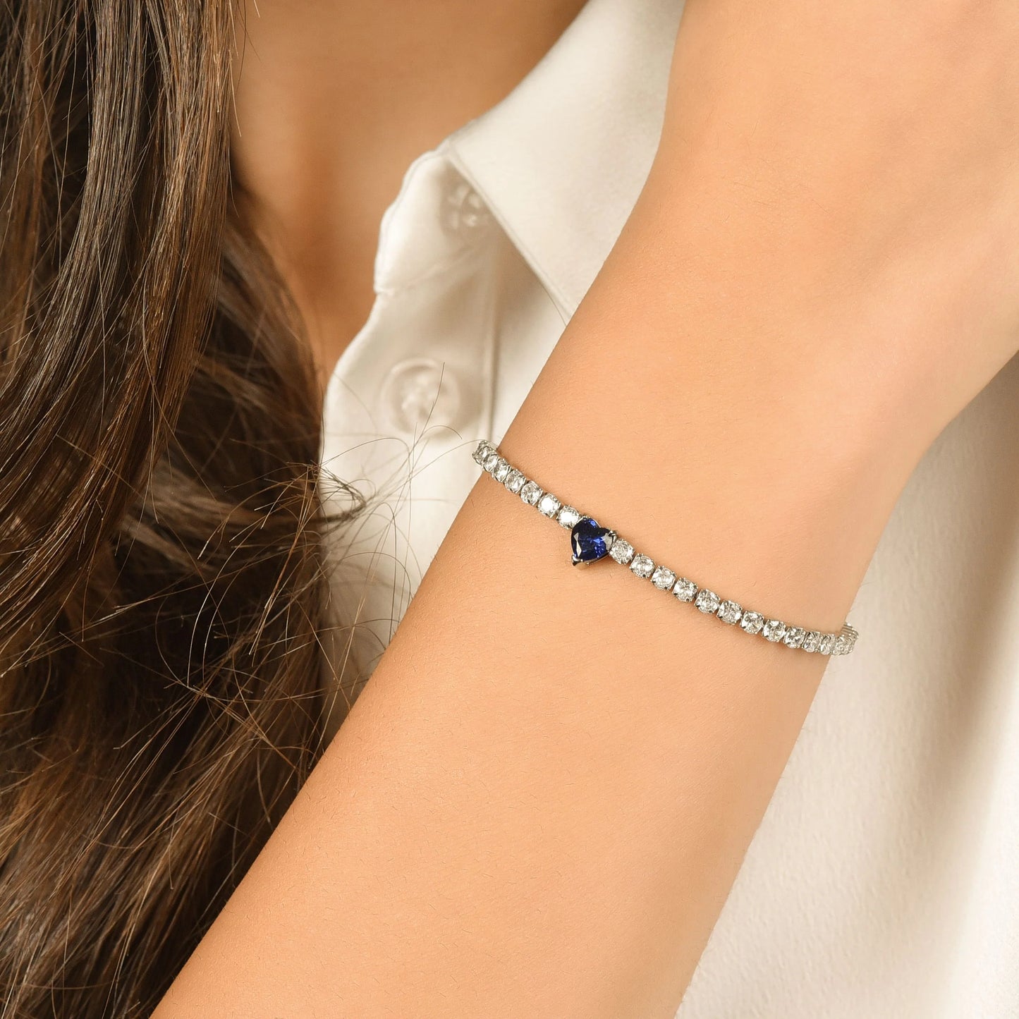 Bracciale Tennis Luca Barra Acciaio Cristalli Cuore Centrale Blu
