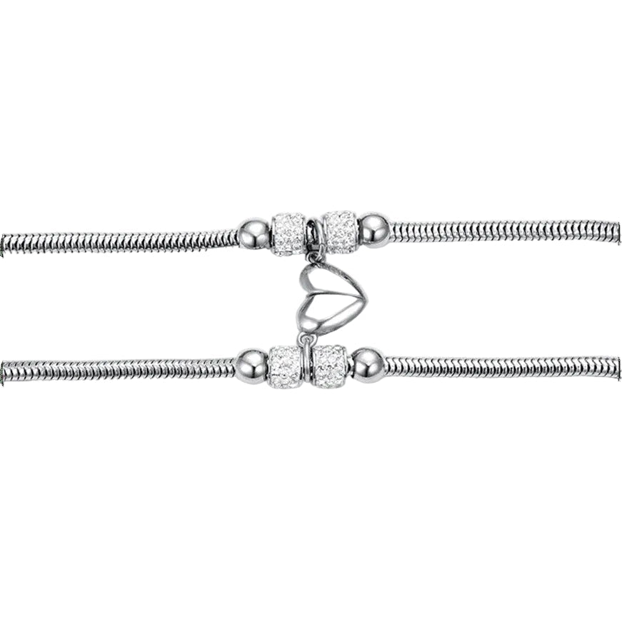 Coppia di Bracciali Donna Luca Barra Acciaio Maglia Coda Topo Con Cilindri/Strass e Charm Cuore Calamitato