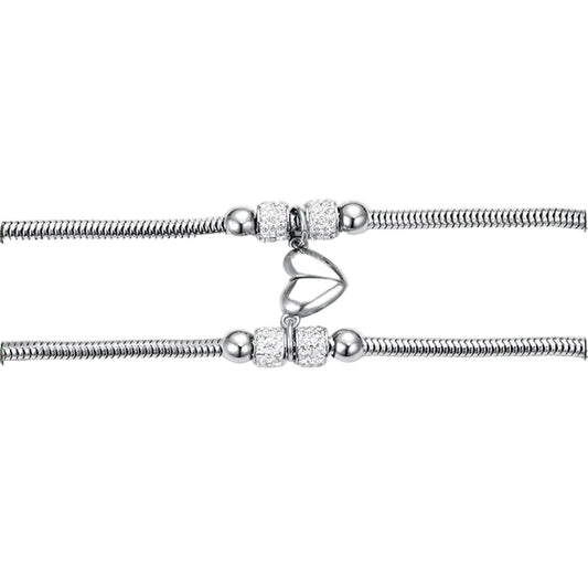 Coppia di Bracciali Donna Luca Barra Acciaio Maglia Coda Topo Con Cilindri/Strass e Charm Cuore Calamitato