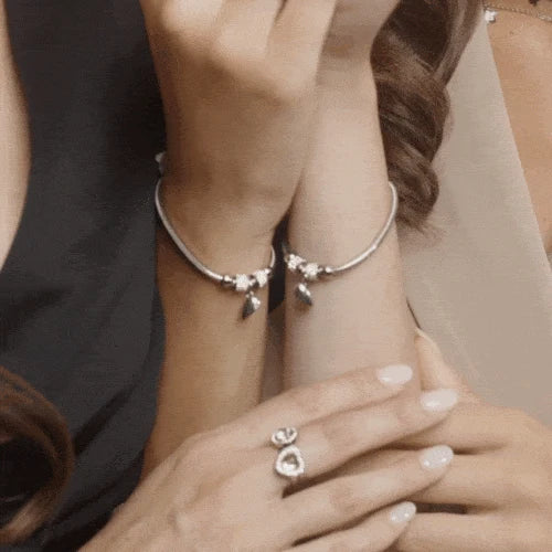 Coppia di Bracciali Donna Luca Barra Acciaio Maglia Coda Topo Con Cilindri/Strass e Charm Cuore Calamitato