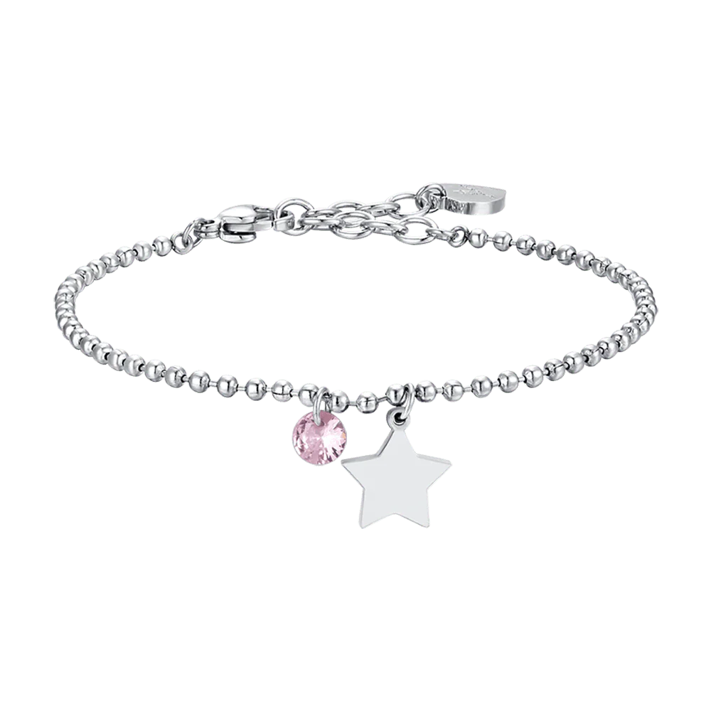 Bracciale Luca Barra Acciaio Maglia Pallini Charms Stella Cristallo Rosa