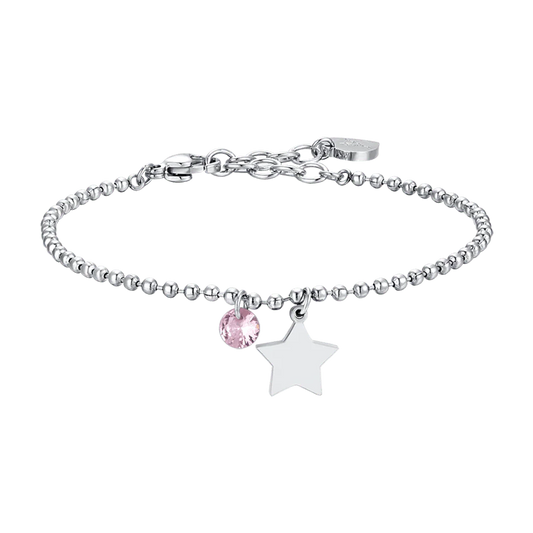 Bracciale Luca Barra Acciaio Maglia Pallini Charms Stella Cristallo Rosa