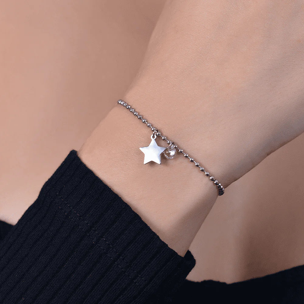 Bracciale Luca Barra Acciaio Maglia Pallini Charms Stella Cristallo Rosa