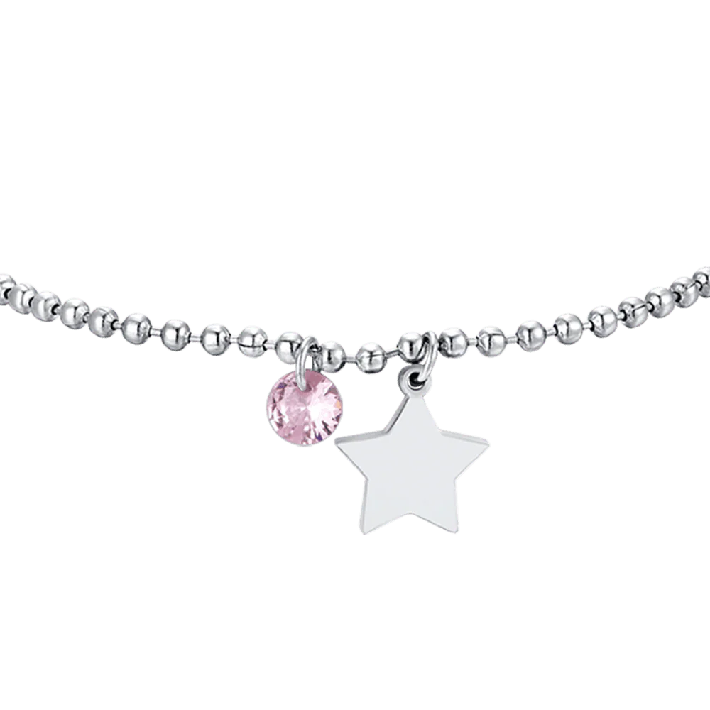 Bracciale Luca Barra Acciaio Maglia Pallini Charms Stella Cristallo Rosa