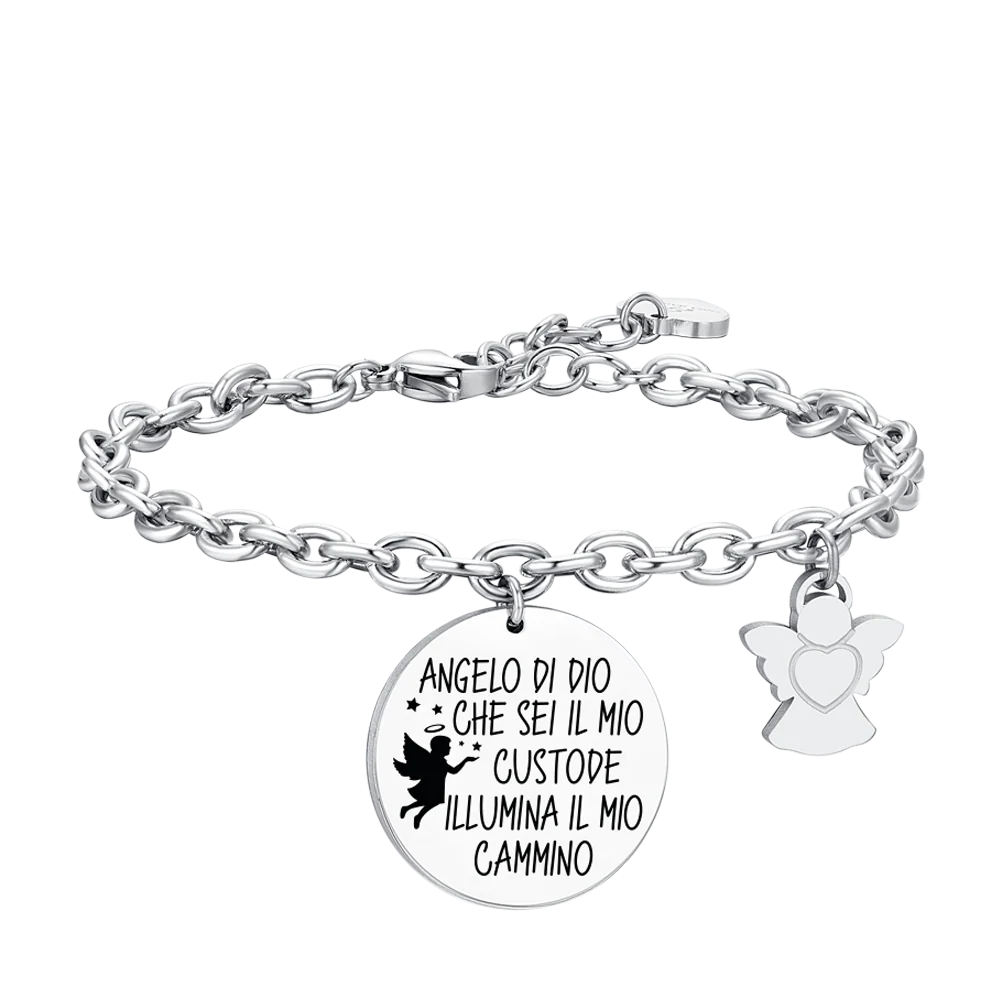 Bracciale Luca Barra Acciaio Charm Scritta "Angelo Di Dio Che Sei Il Mio Custode Illumina Cammino" + Angelo