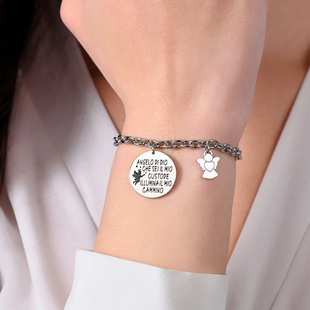 Bracciale Luca Barra Acciaio Charm Scritta "Angelo Di Dio Che Sei Il Mio Custode Illumina Cammino" + Angelo