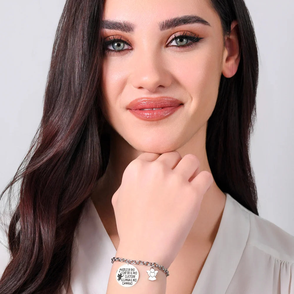 Bracciale Luca Barra Acciaio Charm Scritta "Angelo Di Dio Che Sei Il Mio Custode Illumina Cammino" + Angelo