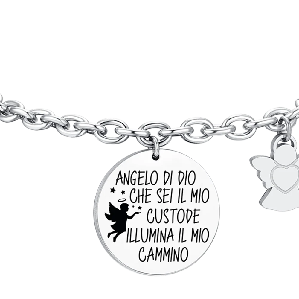 Bracciale Luca Barra Acciaio Charm Scritta "Angelo Di Dio Che Sei Il Mio Custode Illumina Cammino" + Angelo