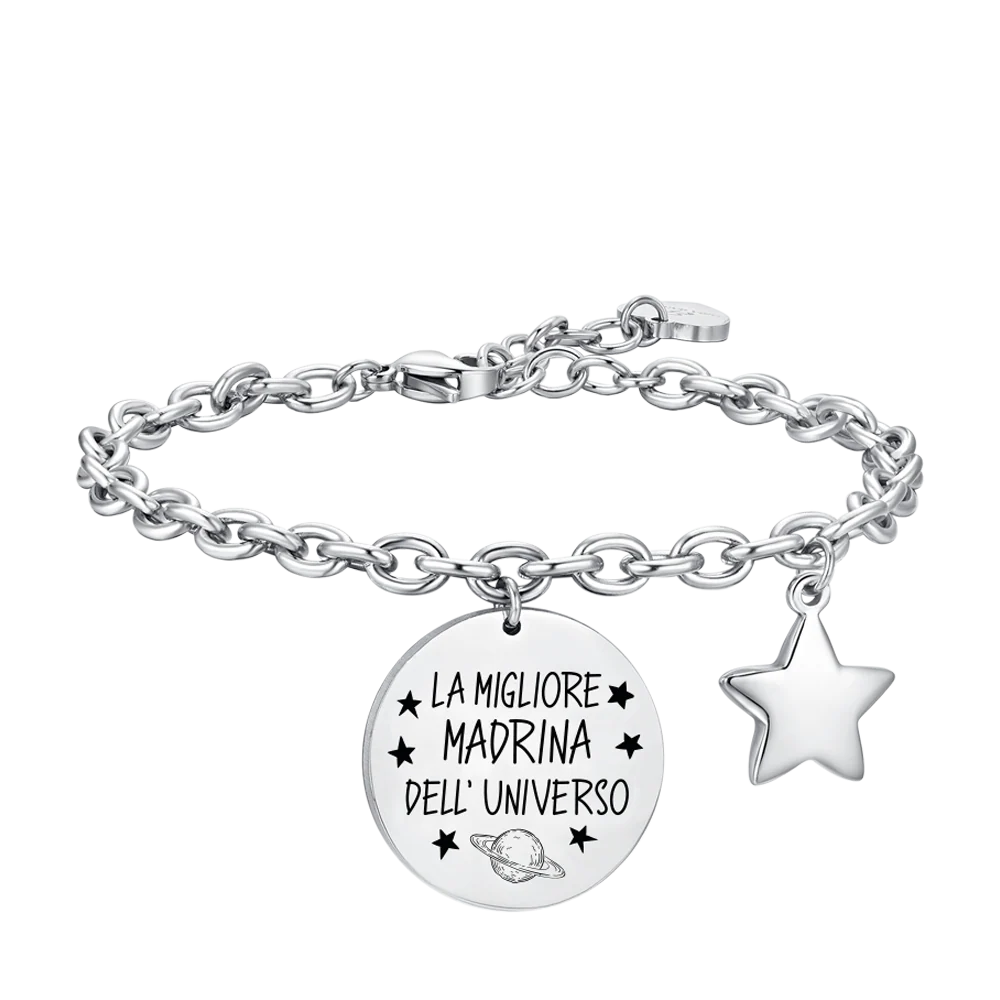 Bracciale Luca Barra Acciaio Charm Scritta "La Migliore Madrina Dell' Universo" + Stella