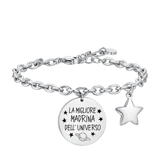 Bracciale Luca Barra Acciaio Charm Scritta "La Migliore Madrina Dell' Universo" + Stella