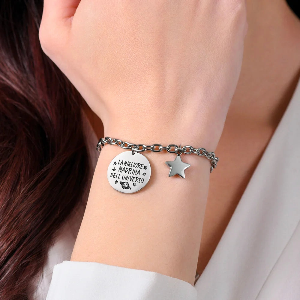 Bracciale Luca Barra Acciaio Charm Scritta "La Migliore Madrina Dell' Universo" + Stella