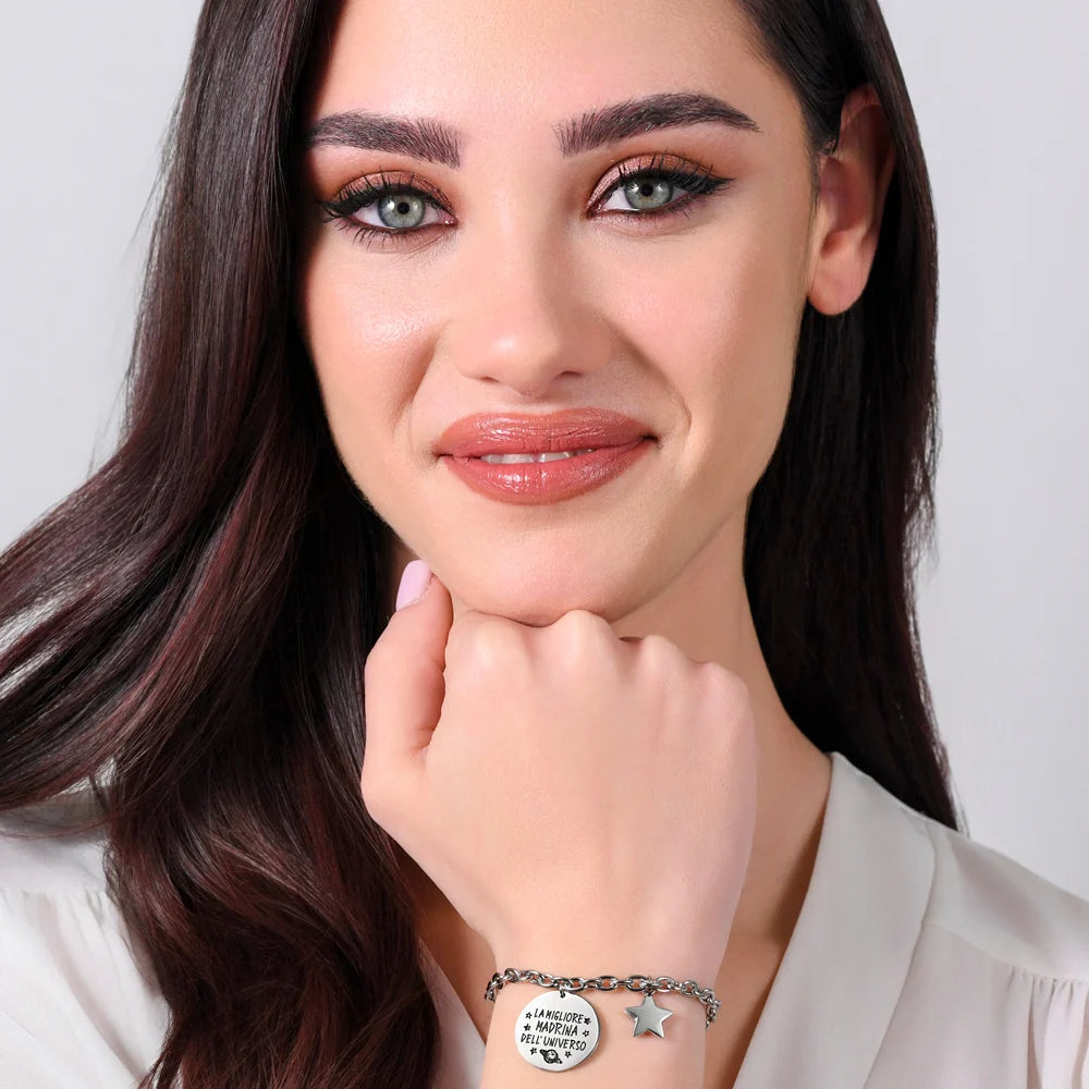 Bracciale Luca Barra Acciaio Charm Scritta "La Migliore Madrina Dell' Universo" + Stella