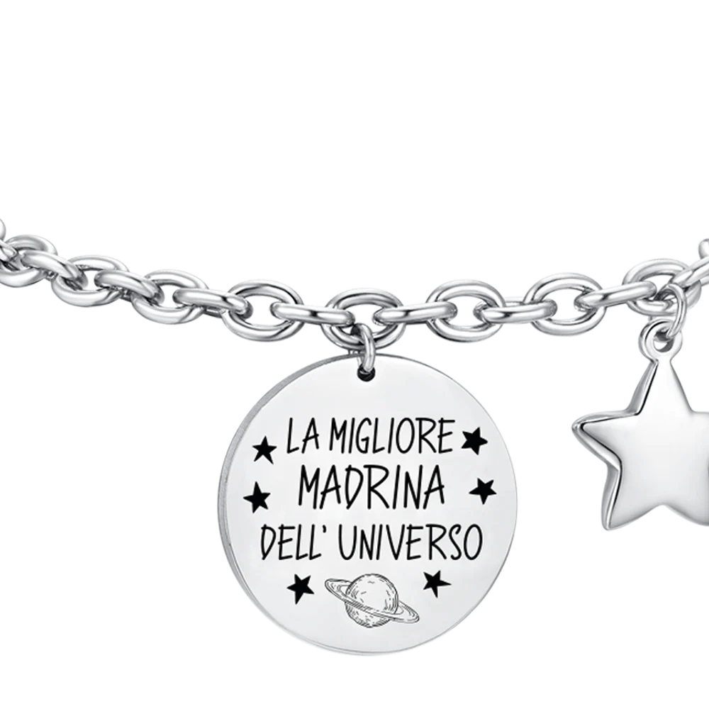 Bracciale Luca Barra Acciaio Charm Scritta "La Migliore Madrina Dell' Universo" + Stella