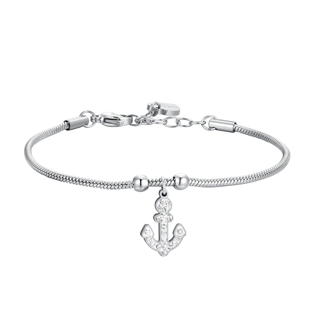 Bracciale Luca Barra Acciaio Maglia Coda Di Topo Sottile Charm Ancora con Cristalli