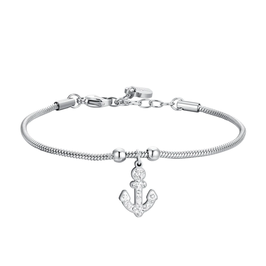 Bracciale Luca Barra Acciaio Maglia Coda Di Topo Sottile Charm Ancora con Cristalli