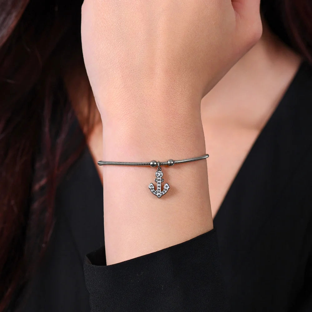 Bracciale Luca Barra Acciaio Maglia Coda Di Topo Sottile Charm Ancora con Cristalli