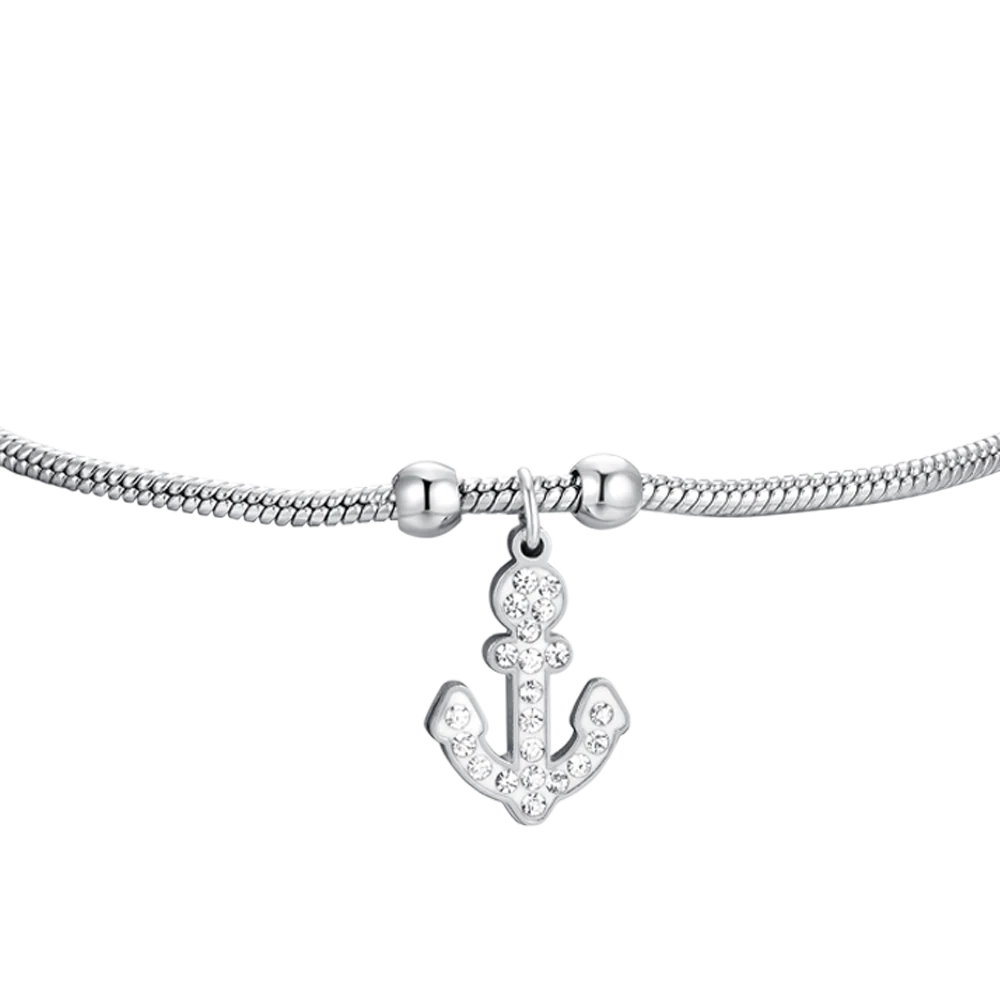 Bracciale Luca Barra Acciaio Maglia Coda Di Topo Sottile Charm Ancora con Cristalli