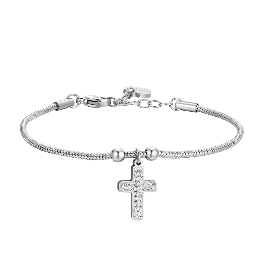 Bracciale Luca Barra Acciaio Maglia Coda Di Topo Sottile Charm Croce con Cristalli