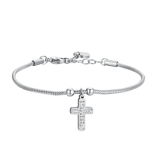 Bracciale Luca Barra Acciaio Maglia Coda Di Topo Sottile Charm Croce con Cristalli