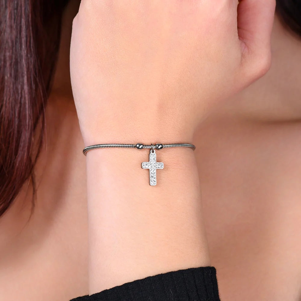 Bracciale Luca Barra Acciaio Maglia Coda Di Topo Sottile Charm Croce con Cristalli