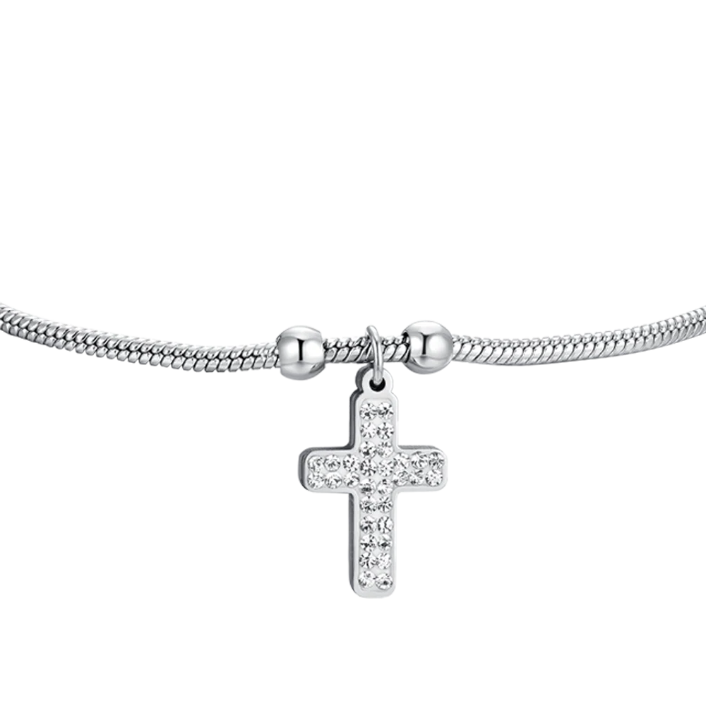 Bracciale Luca Barra Acciaio Maglia Coda Di Topo Sottile Charm Croce con Cristalli