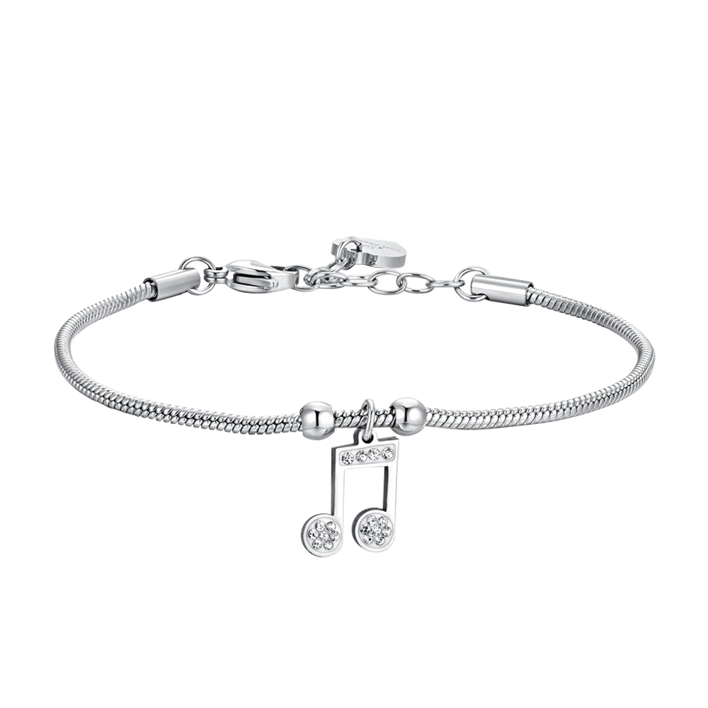 Bracciale Luca Barra Acciaio Maglia Coda Di Topo Sottile Charm Nota Musicale con Cristalli