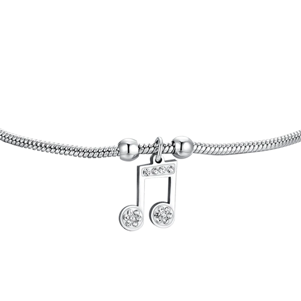 Bracciale Luca Barra Acciaio Maglia Coda Di Topo Sottile Charm Nota Musicale con Cristalli