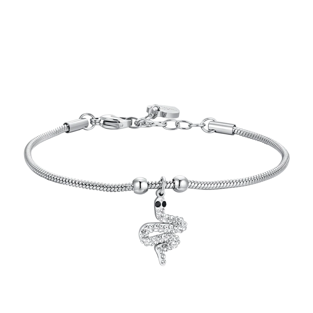 Bracciale Luca Barra Acciaio Maglia Coda Di Topo Sottile Charm Serpente con Cristalli