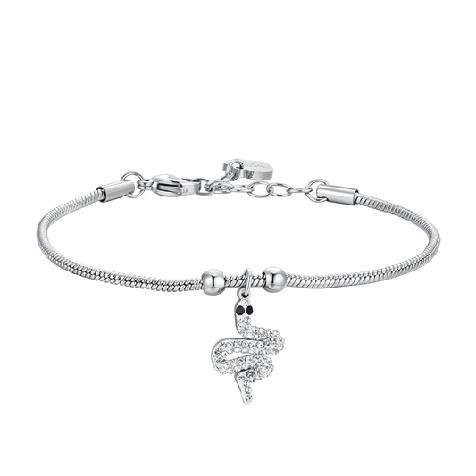 Bracciale Luca Barra Acciaio Maglia Coda Di Topo Sottile Charm Serpente con Cristalli