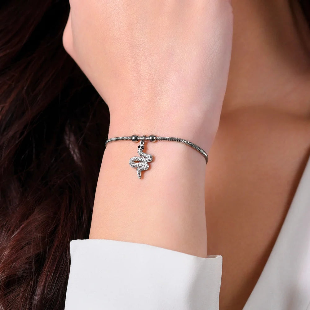 Bracciale Luca Barra Acciaio Maglia Coda Di Topo Sottile Charm Serpente con Cristalli