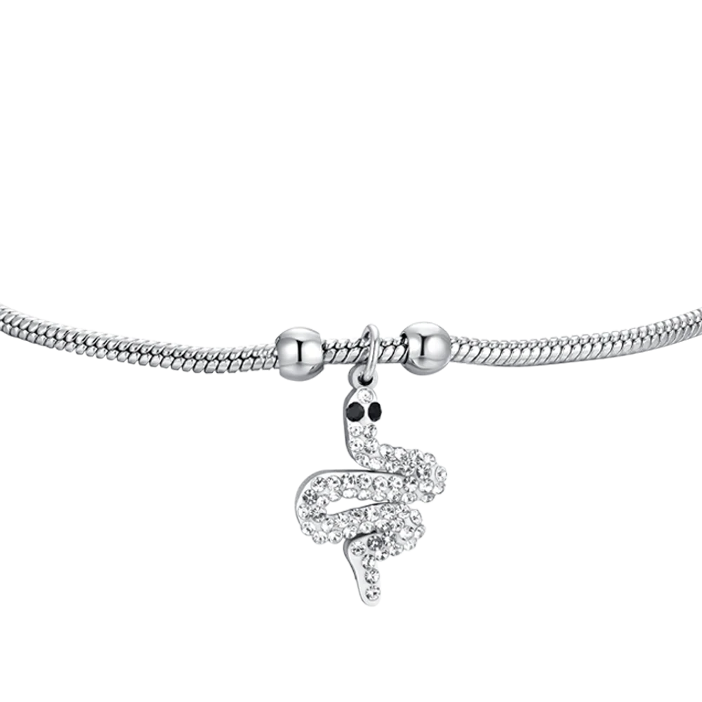 Bracciale Luca Barra Acciaio Maglia Coda Di Topo Sottile Charm Serpente con Cristalli